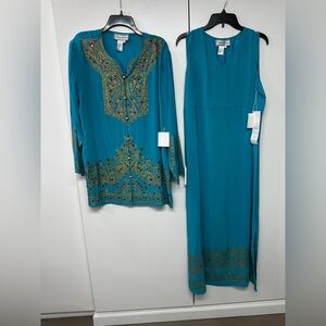 Diane Gilman Teal Embroidered Long Sleeve Dress Set